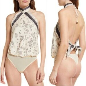 Intimately Free People Ivory Black 1 Thing Bodysuit Top Halter Boho Hippie Sz S